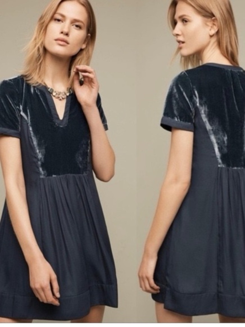 Maeve Navy Velvet-Trim Dress